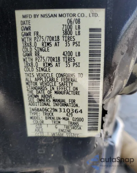 2009 Nissan Titan Xe from USA, damaged, VIN 1N6BA06C29N310364